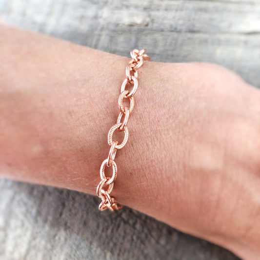 Copper Charm Bracelet Chain, Adjustable Artisan Genuine Copper Bracelet Flat Cable Link Etched Pure Copper Anklet