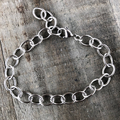 Large Stainless Steel Bracelet with Lobster Clasp, Adjustable Silver Color Chain Custom Length Bracelet Anklet, Charm Bracelet Chain