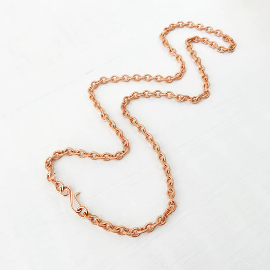 Pure Copper Textured Necklace Chain, Spiral Pattern Custom Length Chain with Artisan Clasp, Long Genuine Copper Necklace