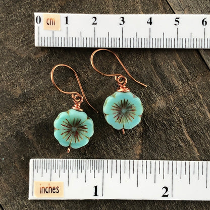 Turquoise Glass Flower Earrings, Copper