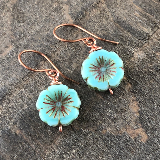 Turquoise Glass Flower Earrings, Copper