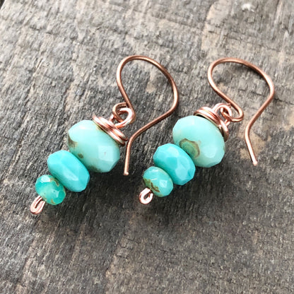 Stacked Turquoise Glass Bead Earrings, Copper