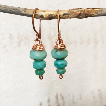 Stacked Turquoise Glass Bead Earrings, Copper