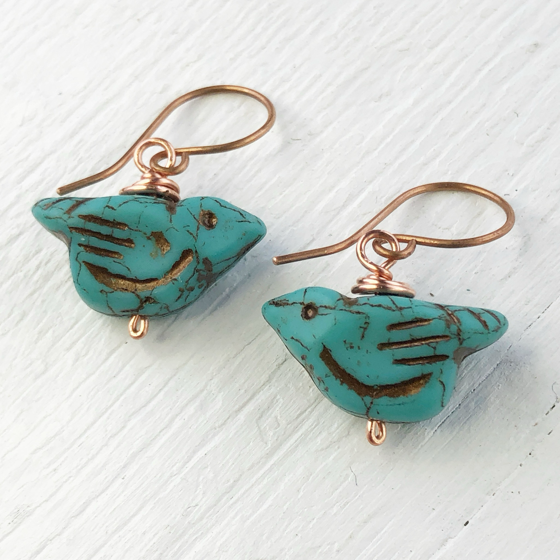 Rustic Turquoise Glass Bird Earrings, Copper Wire Wrapped