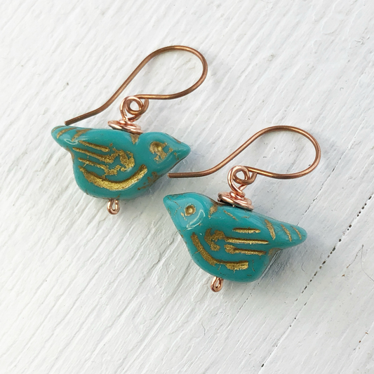 Turquoise Glass Bird Earrings, Copper Wire Wrapped