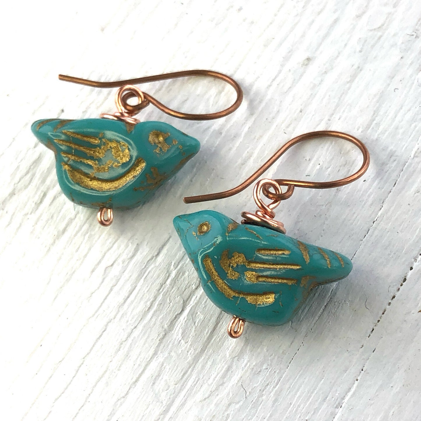 Turquoise Glass Bird Earrings, Copper Wire Wrapped