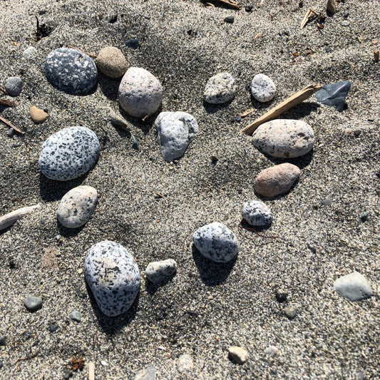 Stones placed in the shape of a heart on sand