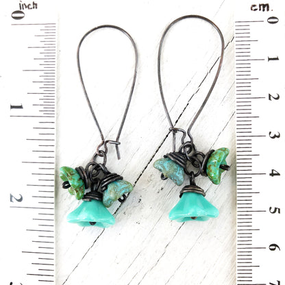 Turquoise Glass Flowers Copper Wirework Earrings