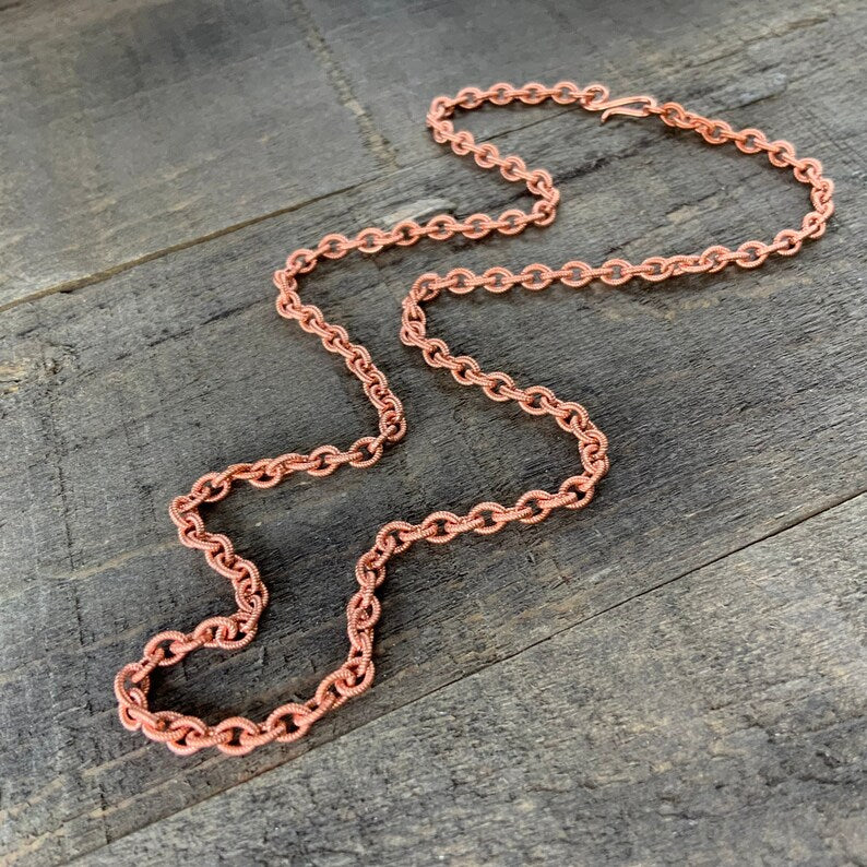 Pure Copper Textured Necklace Chain – Spiral Link Pattern with Artisan Clasp