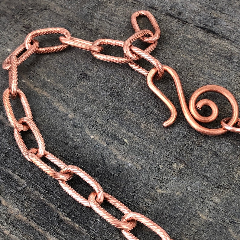 Paperclip Link Copper Bracelet or Anklet – Etched Spiral Pattern with Artisan Clasp, Adjustable