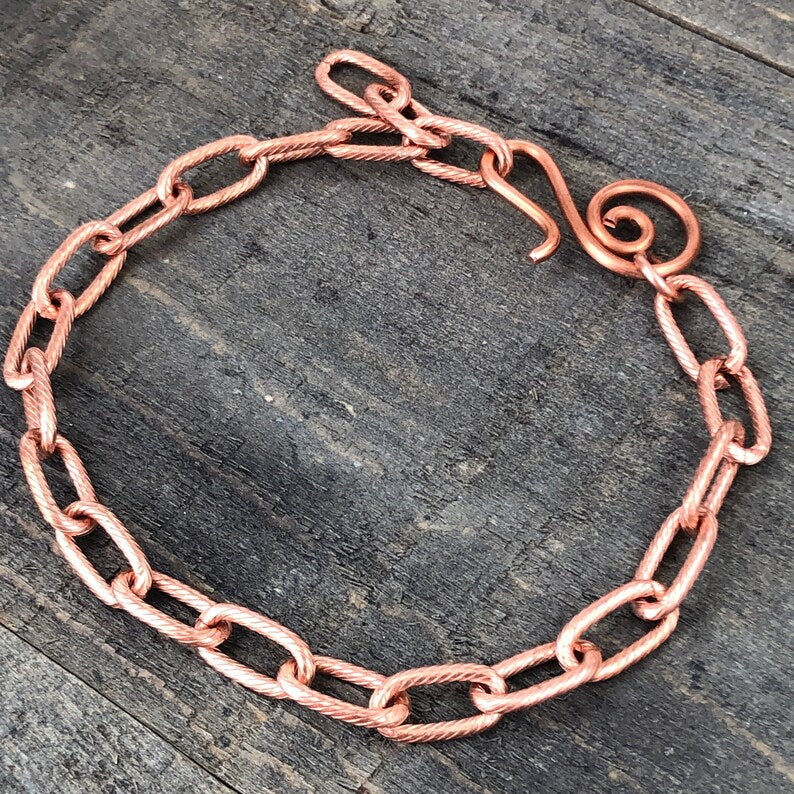 Paperclip Link Copper Bracelet or Anklet – Etched Spiral Pattern with Artisan Clasp, Adjustable