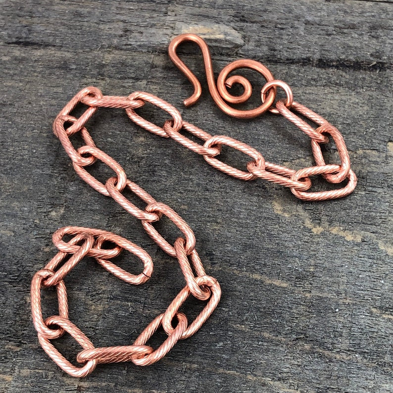 Paperclip Link Copper Bracelet or Anklet – Etched Spiral Pattern with Artisan Clasp, Adjustable
