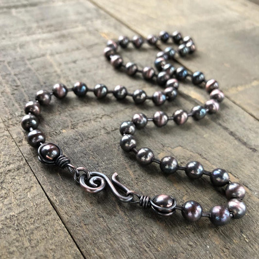 Dark Patina 6mm Copper Ball Chain Necklace – Handmade Artisan Clasp, Custom Length