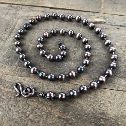 Dark Patina 6mm Copper Ball Chain Necklace – Handmade Artisan Clasp, Custom Length
