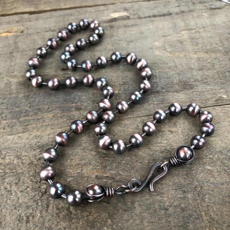 Dark Patina 6mm Copper Ball Chain Necklace – Handmade Artisan Clasp, Custom Length