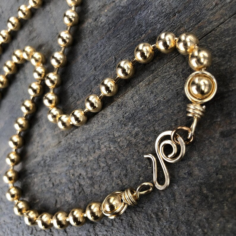 Chunky 6mm Brass Ball Chain Necklace – Handmade Artisan Clasp with Wire-Wrapped Loops