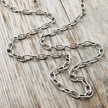 Stainless Steel Cable Chain Necklace – Large Oval Links with Handmade Swirl Clasp, Adjustable Length