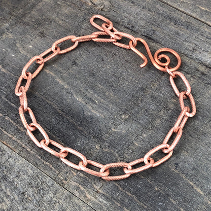 Paperclip Link Copper Bracelet or Anklet – Etched Spiral Pattern with Artisan Clasp, Adjustable