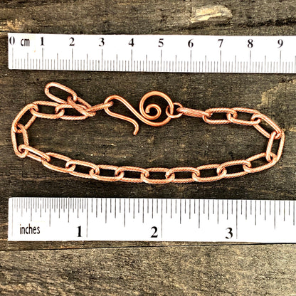 Paperclip Link Copper Bracelet or Anklet – Etched Spiral Pattern with Artisan Clasp, Adjustable