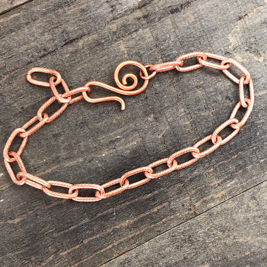 Paperclip Link Copper Bracelet or Anklet – Etched Spiral Pattern with Artisan Clasp, Adjustable