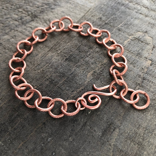 Etched Round Link Copper Bracelet or Anklet – Adjustable Artisan Clasp