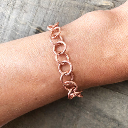 Etched Round Link Copper Bracelet or Anklet – Adjustable Artisan Clasp