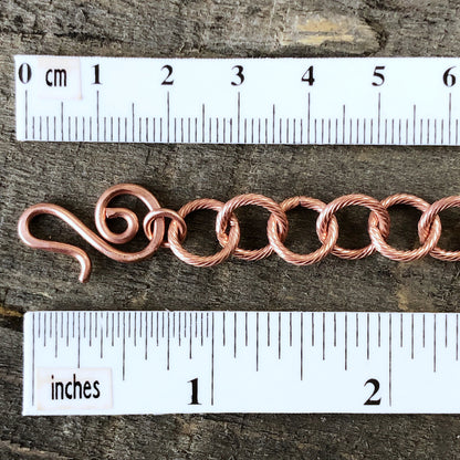 Etched Round Link Copper Bracelet or Anklet – Adjustable Artisan Clasp