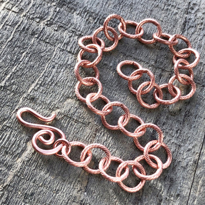 Etched Round Link Copper Bracelet or Anklet – Adjustable Artisan Clasp
