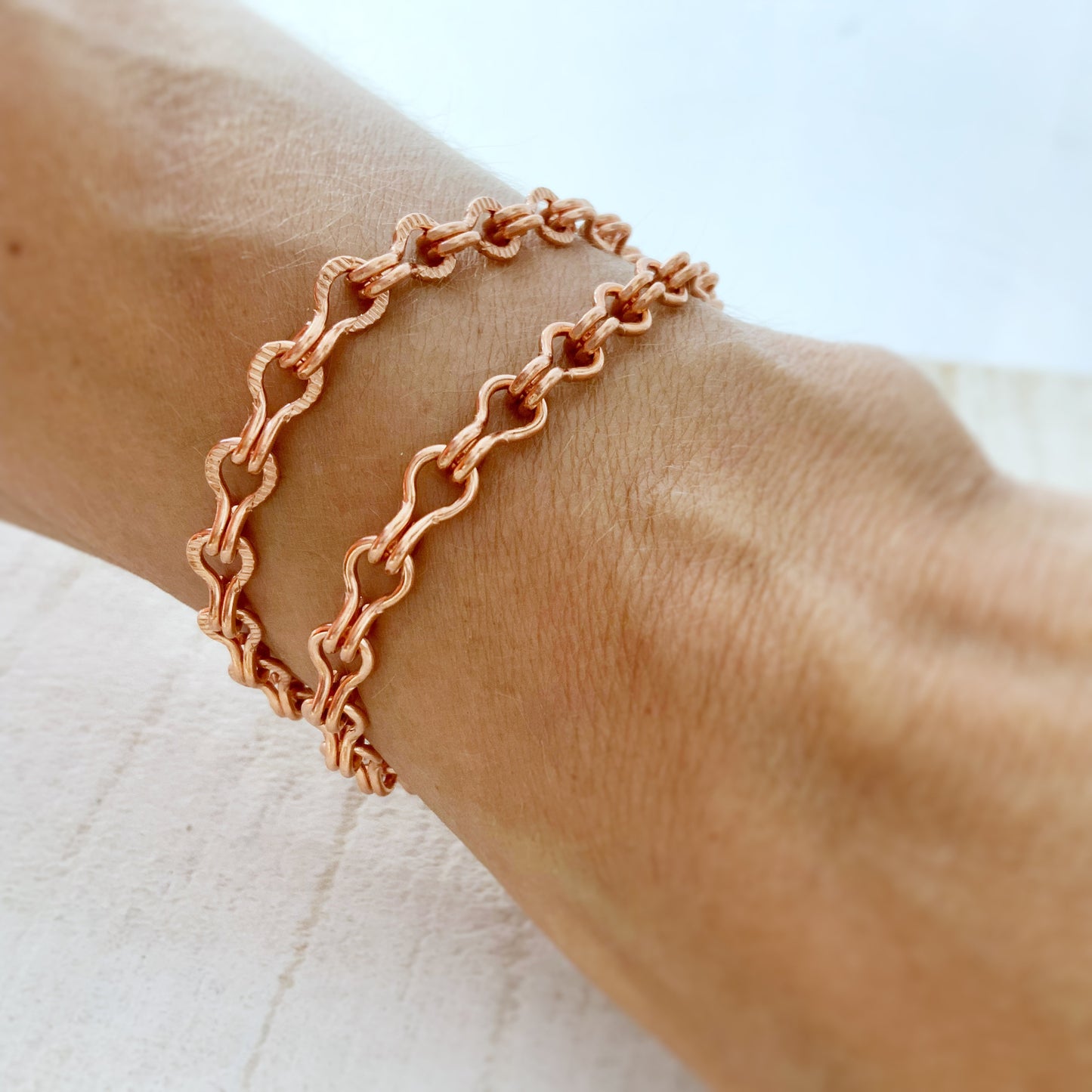 Copper Ladder Chain Bracelet or Anklet – Adjustable with Artisan Clasp, Smooth or Etched Links