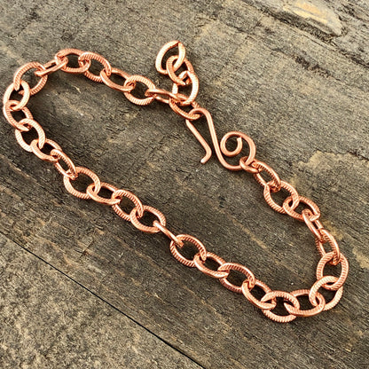 Copper Charm Bracelet or Anklet, Flat Etched Cable Link – Adjustable Handmade Artisan Clasp,