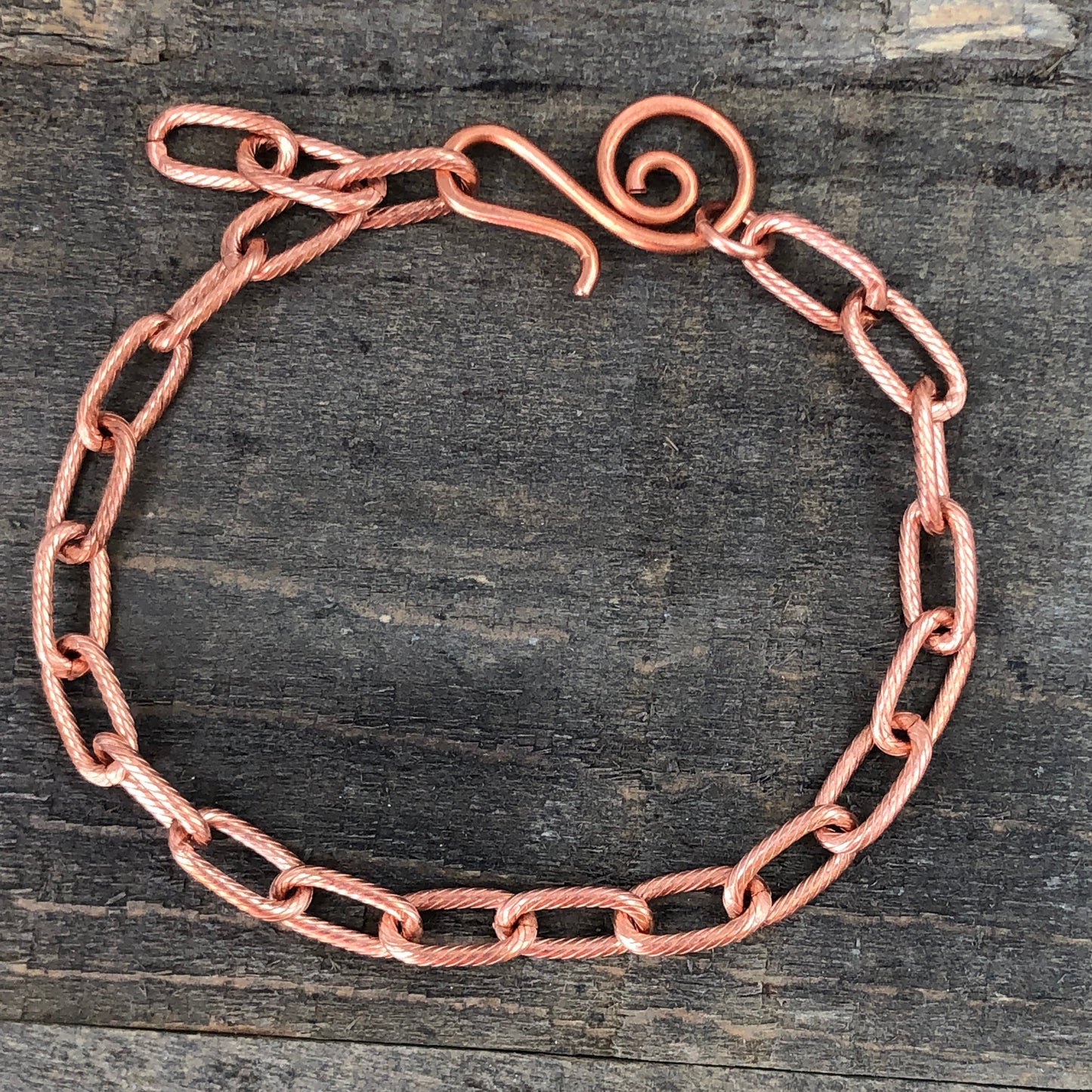Paperclip Link Copper Bracelet or Anklet – Etched Spiral Pattern with Artisan Clasp, Adjustable