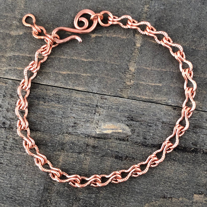 Copper Ladder Chain Bracelet or Anklet – Adjustable with Artisan Clasp, Smooth or Etched Links