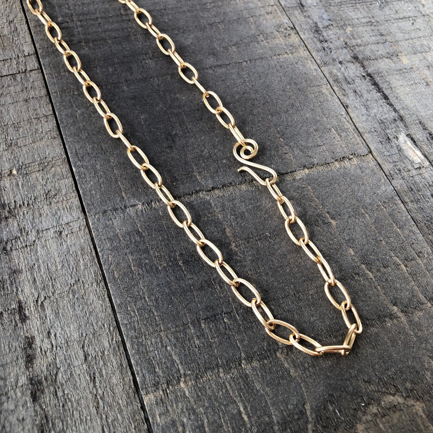 Gold Brass Paperclip Chain Necklace – Adjustable Oval Link with Artisan Clasp