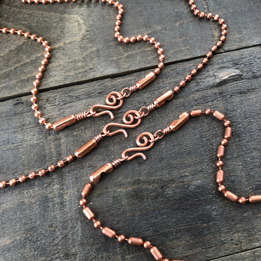Copper Necklace with Swirl Hook Clasp – 3.2mm Ball Chain, Slide-On Pendant, Artisan Custom Length