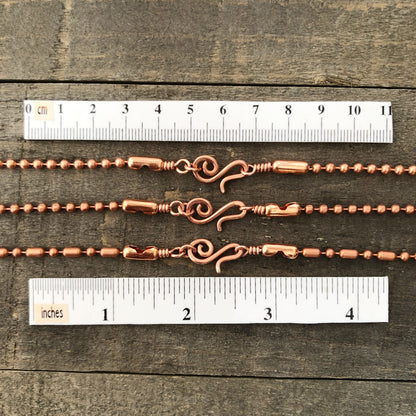 Copper Necklace with Swirl Hook Clasp – 3.2mm Ball Chain, Slide-On Pendant, Artisan Custom Length