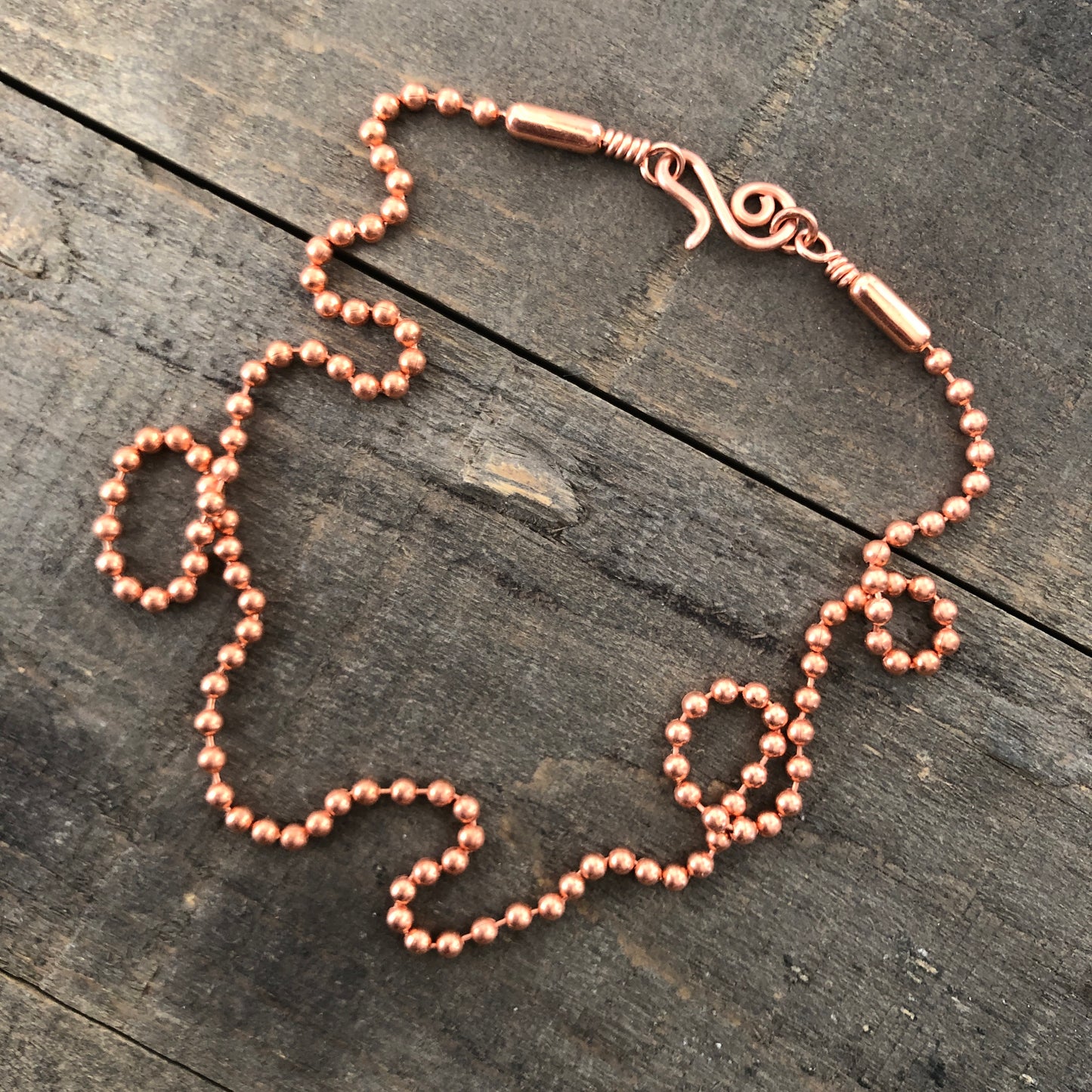 Copper Necklace with Swirl Hook Clasp – 3.2mm Ball Chain, Slide-On Pendant, Artisan Custom Length