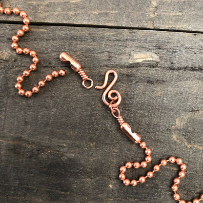 Copper Necklace with Swirl Hook Clasp – 3.2mm Ball Chain, Slide-On Pendant, Artisan Custom Length
