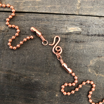 Copper Necklace with Swirl Hook Clasp – 3.2mm Ball Chain, Slide-On Pendant, Artisan Custom Length