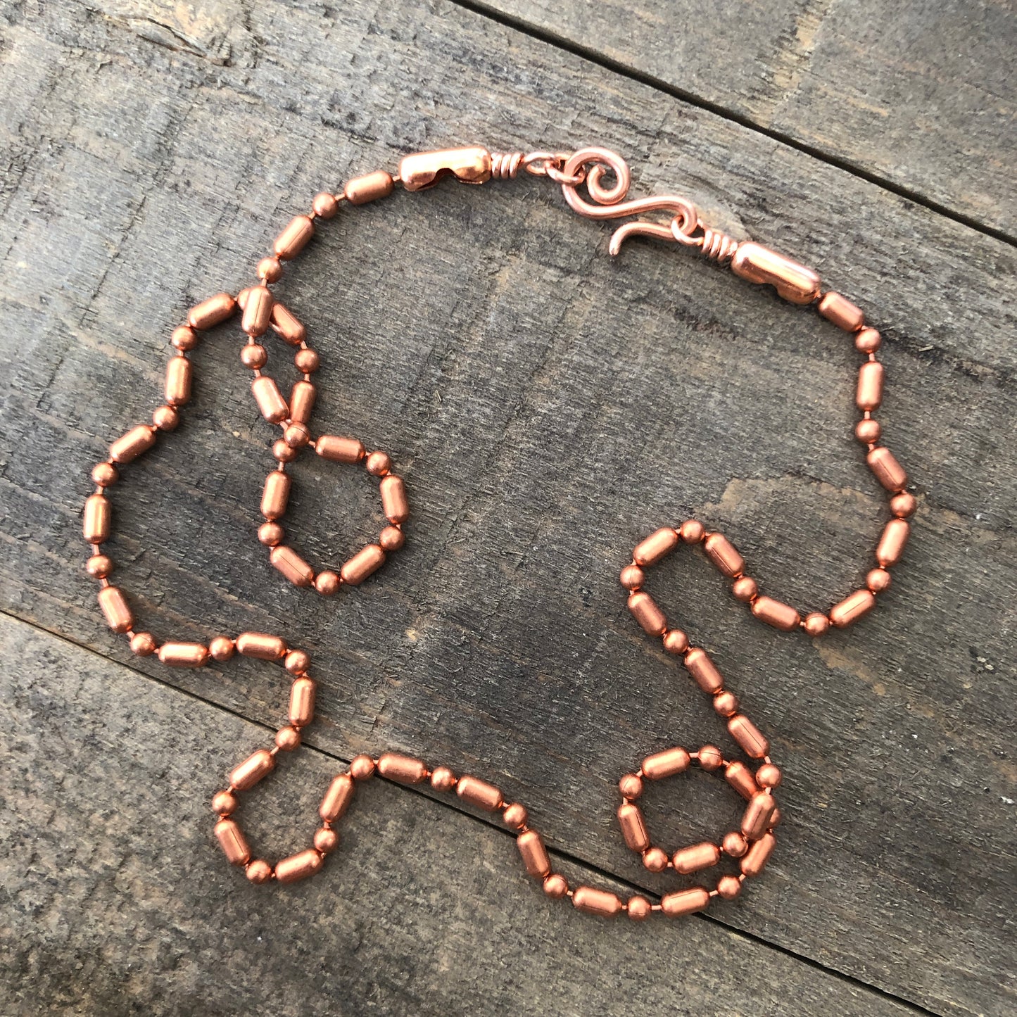 Copper Necklace with Swirl Hook Clasp – 3.2mm Ball Chain, Slide-On Pendant, Artisan Custom Length