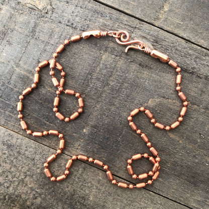 Copper Necklace with Swirl Hook Clasp – 3.2mm Ball Chain, Slide-On Pendant, Artisan Custom Length
