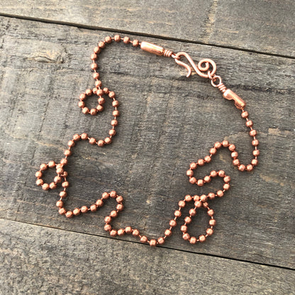 Copper Necklace with Swirl Hook Clasp – 3.2mm Ball Chain, Slide-On Pendant, Artisan Custom Length