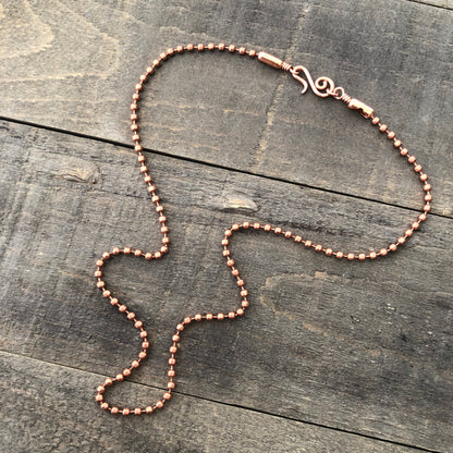Copper Necklace with Swirl Hook Clasp – 3.2mm Ball Chain, Slide-On Pendant, Artisan Custom Length