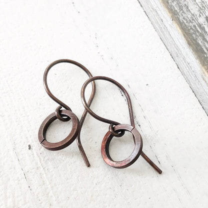 Simple Copper Hoop Earrings – Genuine Oxidized Circle Dangle, Minimalist Everyday Jewelry, 7th Anniversary Gift