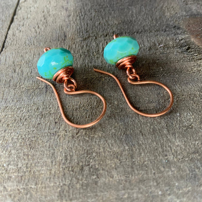 Turquoise Czech Glass Copper Earrings – Handmade Wire-Wrapped Aqua Drop, Minimalist Everyday