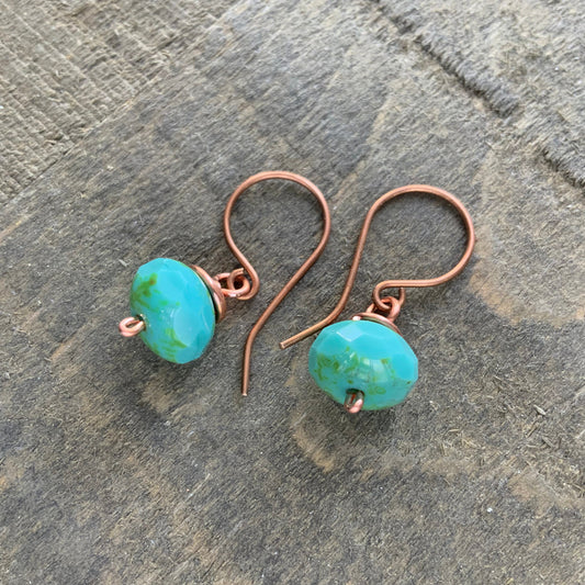 Turquoise Czech Glass Copper Earrings – Handmade Wire-Wrapped Aqua Drop, Minimalist Everyday