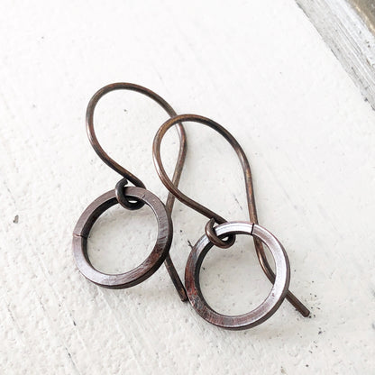 Simple Copper Hoop Earrings – Genuine Oxidized Circle Dangle, Minimalist Everyday Jewelry, 7th Anniversary Gift
