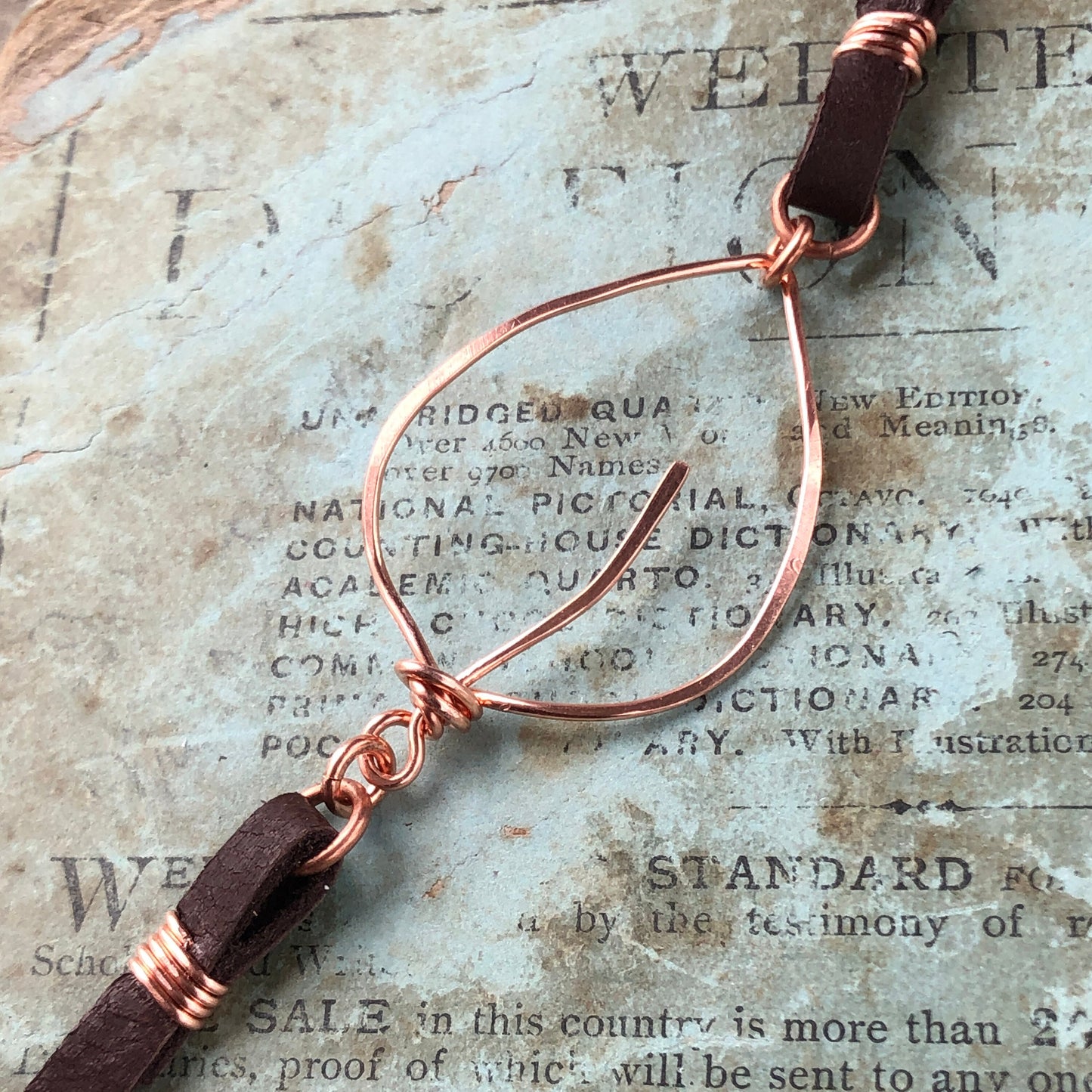 Copper Leaf Choker or Wrap Bracelet – Handmade Wirework Pendant on Brown Leather Lace