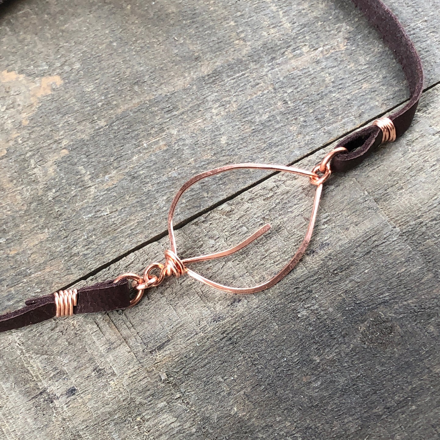 Copper Leaf Choker or Wrap Bracelet – Handmade Wirework Pendant on Brown Leather Lace