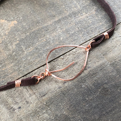 Copper Leaf Choker or Wrap Bracelet – Handmade Wirework Pendant on Brown Leather Lace
