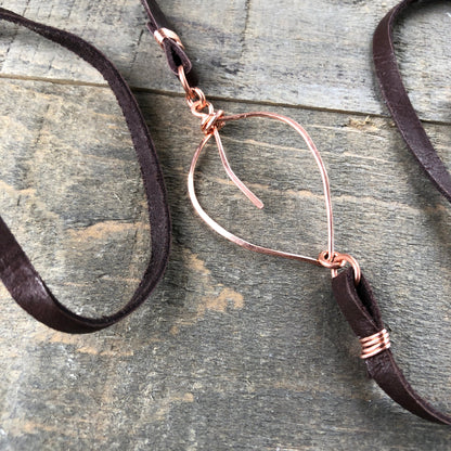 Copper Leaf Choker or Wrap Bracelet – Handmade Wirework Pendant on Brown Leather Lace